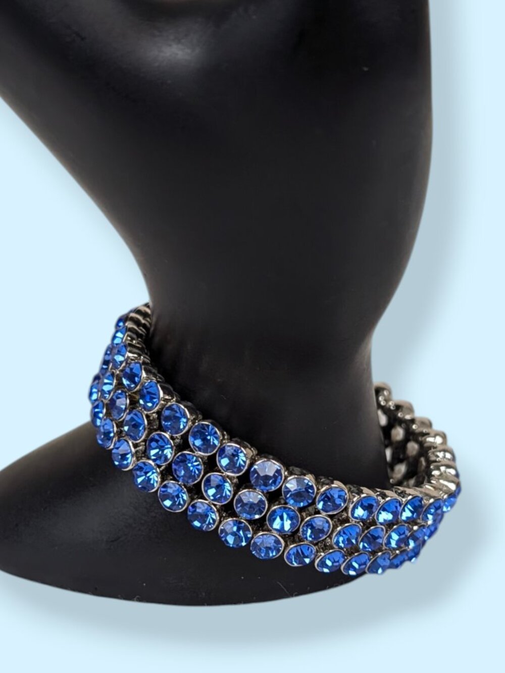 3-Row Blue Rhinestone Stretch Bracelet - Picture 2 of 4